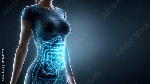 Human digestive system highlighted in a glowing blue on a female body, representing health and medical science.
