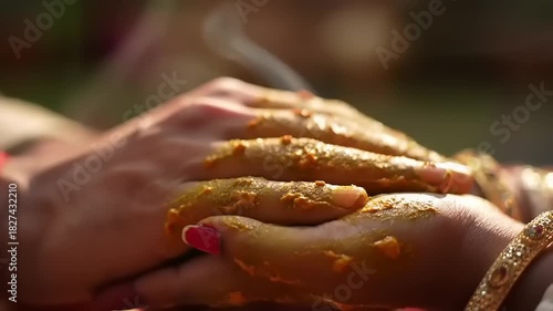 Hands during Hindu wedding ceremony.