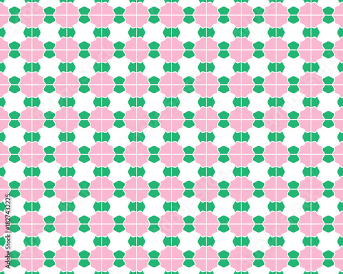 ピンクの丸と緑の八角形（花模様）幾何学シームレスパターン  レトロで可愛い！ピンクと緑のタイル背景