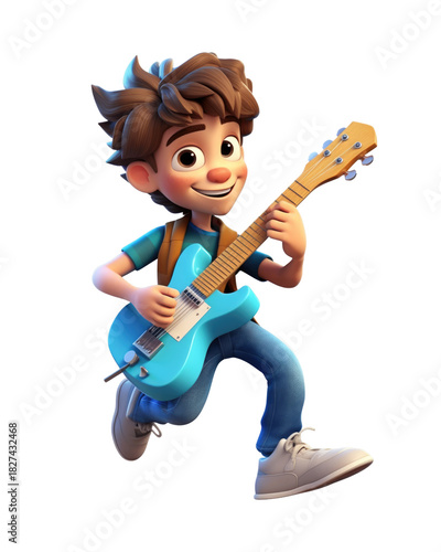 Cartoon boy playing electric guitar character happy playing guitar performing music
