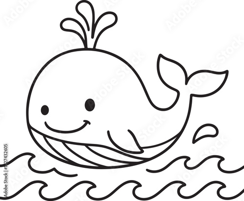 Cute cartoon whale spouting water in the ocean