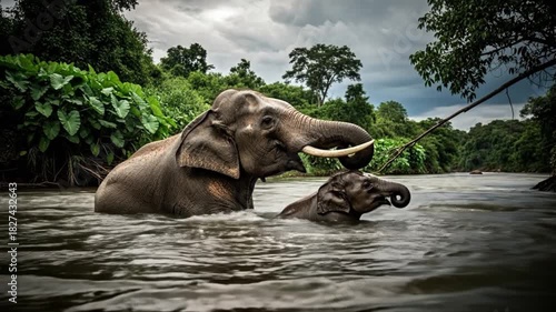 Two elephants swimming together in a river with lush greenery and a cloudy sky in the