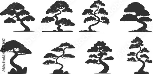 Bonsai tree silhouette collection, elegant miniature tree vector illustration for nature design, Japanese garden art, decoration, botanical style, cad drawing flat vector illustration