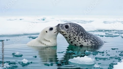 Two seals, one white and one gray with black spots, touching noses in icy Arctic waters.