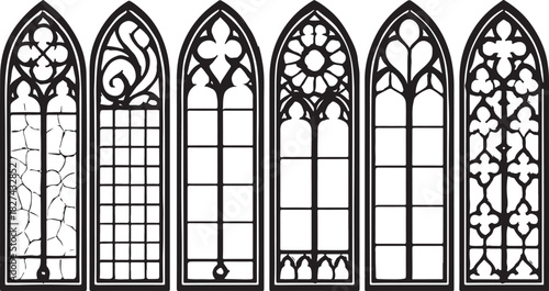  Gothic church window silhouettes enriched with medieval style decorative patterns ,Vintage catholic architecture shapes on white background. Renaissance outline.eps