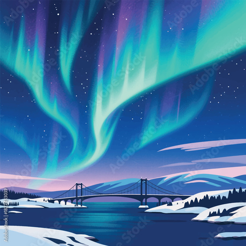 View of the Bridge with Aurora Light Sky Illustrator Artwork Banner Background Design Template 