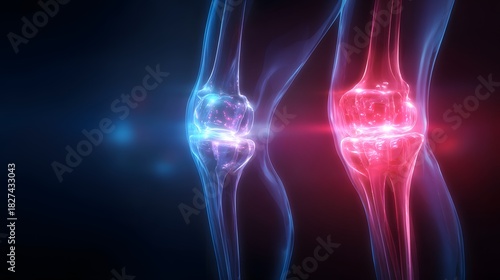 Human knee joints with glowing blue and red highlights, representing pain or healing in a medical context.