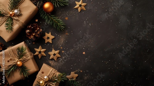 Fototapeta Naklejka Na Ścianę i Meble -  Festive christmas gift delivery with decoration on dark background for holiday design. Template for Christmas and New Year. Horizontal banner. Copy space. Free space for text. Top view