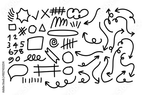 Collection of hand drawn doodle elements arrows shapes numbers and symbols