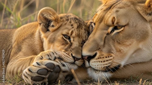 Tender moment of a lioness and her cub lying together in a serene savannah setting.