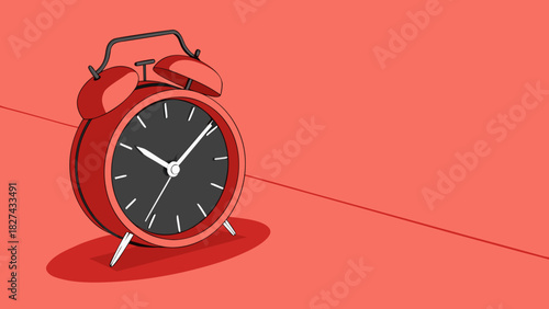 A red analog alarm clock with a black face stands against a solid red background, showing 10:07.