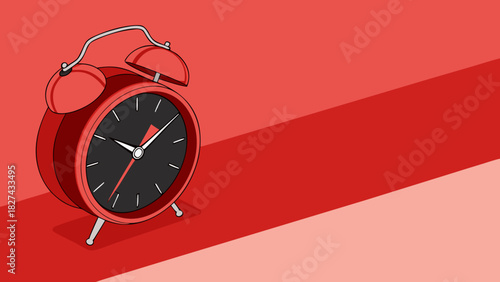 A bold, cartoon-style red alarm clock with twin bells sits on a red surface. The clock shows approximately 10:10, set against a split red-and-light-pink background.
