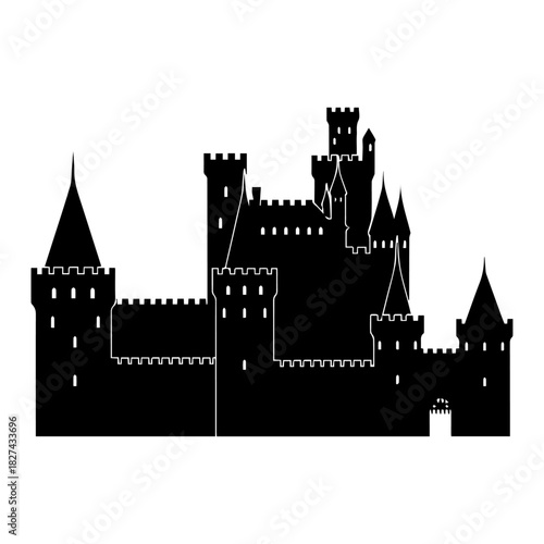 Silhouette of a majestic medieval castle with towers, battlements, and arched entrance
