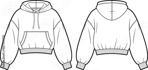 Cropped pullover hoodie CAD drawing, front and back view balloon sleeve streetwear sweatshirt flat vector illustration for apparel technical design