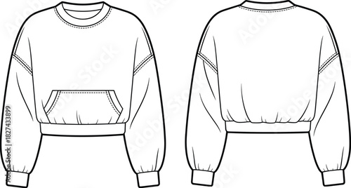 Cropped sweatshirt CAD drawing, front and back view puff sleeve pocket design apparel flat vector illustration for fashion technical template