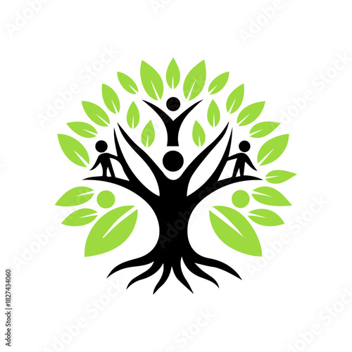 Stylized tree of life with human figures and green leaves