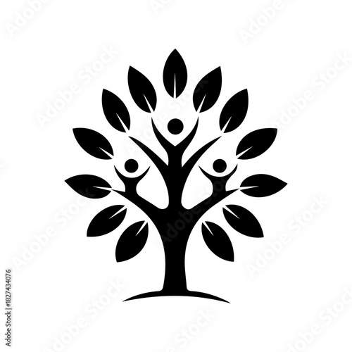 Stylized black tree with human figures as branches and leaves