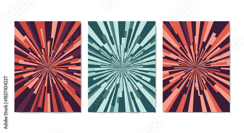 Set of three abstract backgrounds featuring dynamic radial sunburst patterns in retro color schemes for posters and covers.