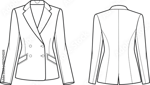 cad drawing flat vector illustration, double-breasted blazer sketch, notched lapel collar, flap pockets, fashion template, garment construction