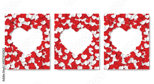 Set of three romantic frames in the shape of a heart, composed of many small red and white paper hearts for invitations.