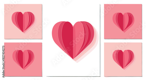 Romantic compositions with layered pink paper hearts in a 3d style, perfect for valentine's day cards and decorations.