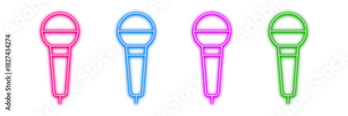 Neon glowing microphone vector icons set, audio, music, sound, speech, karaoke, broadcast, entertainment, vibrant colorful digital design illustration on transparent background.