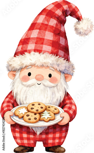 Watercolor Cheerful Gnome Holding Cookie Plate Festive Holiday Illustration