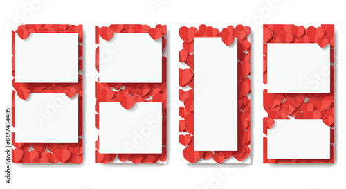 Set of four social media story templates decorated with a border of red paper hearts, providing copy space for posts.