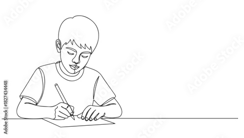 A young boy writing on paper, a minimalist drawing concept created with continuous one line art, a simple vector illustration for education