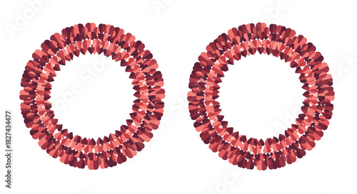 Pair of circular wreath frames beautifully crafted from small, textured hearts in shades of red, perfect for romantic designs.