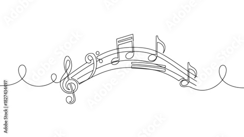 Elegant rhythmic one continuous line art drawing of musical notes and a treble clef, symbolizing harmony and melody, a minimalist graphic for creative projects