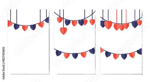 Set of three minimalist banners with red and blue heart garlands, providing a simple and festive top border decoration.