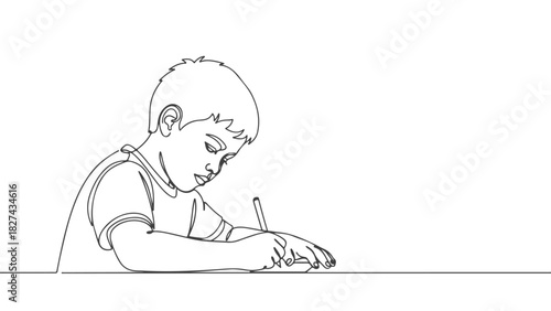 One continuous line art of a child writing, simple illustration, educational concept e
