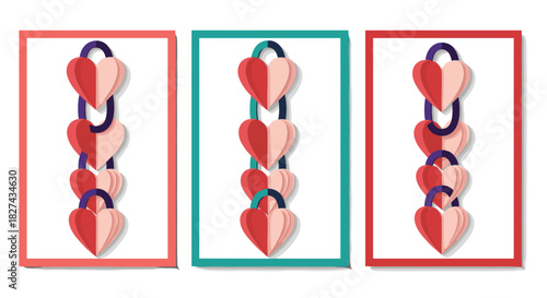 Set of decorative banners featuring a beautiful chain of interlocked paper hearts, symbolizing connection and love.