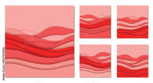Set of abstract backgrounds with a layered paper cut effect, creating a sense of depth with wavy red and pink shapes.