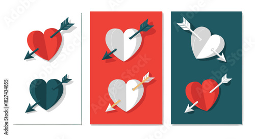 Collection of love-themed illustrations showing hearts pierced by arrows, symbolizing being struck by love or Cupid's arrow.
