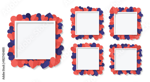 Set of square frames with a border made of red and blue paper hearts, providing a romantic placeholder for photos or text.