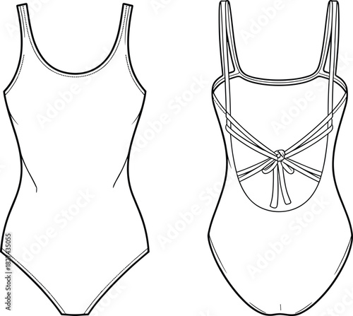 cad drawing flat vector illustration, one-piece swimsuit sketch, strappy bow back, scoop neckline design, fashion template, garment construction