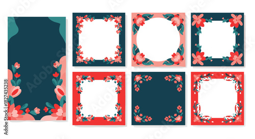 A versatile set of social media templates and frames adorned with beautiful pink and red flowers on a dark background.