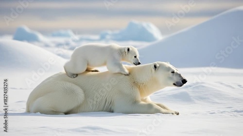 A polar bear and her cub resting on snowy terrain with icebergs in the background in a