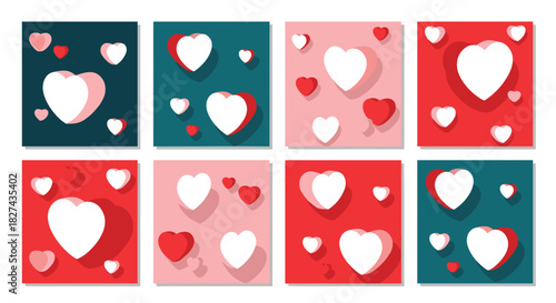 Set of eight romantic backgrounds featuring compositions of red and white 3D hearts on colorful square backdrops.