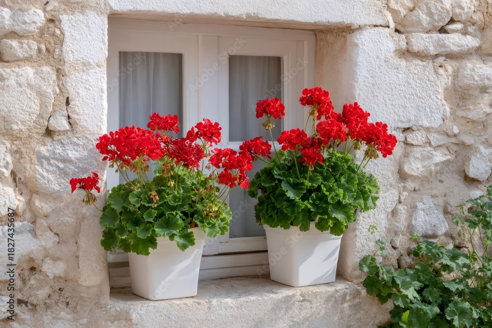 Naklejka premium Red geraniums blooming bright on stone windowsill