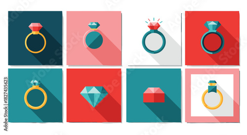Collection of eight flat design icons with long shadows, featuring diamond rings and loose diamonds for jewelry themes.