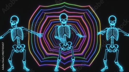 Dancing Neon Skeletons Halloween Party Loop Black Background