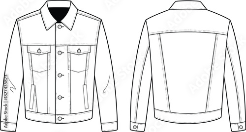 Denim trucker jacket CAD drawing, front and back view button closure outerwear flat vector illustration for apparel technical fashion design