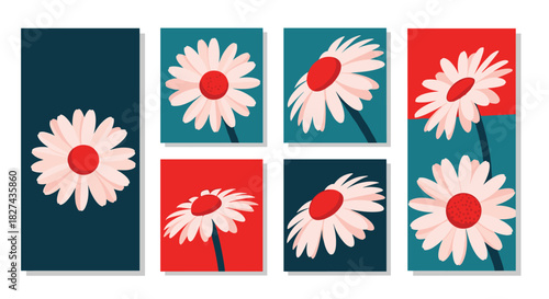 Set of modern posters and cards featuring beautiful stylized daisy flowers from different angles in a bold color palette.