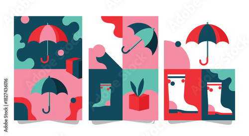 Set of three abstract compositions for rainy day themes, featuring umbrellas, boots, and plants in a geometric style.