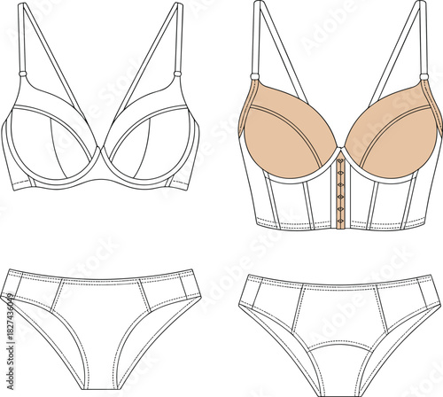 cad drawing flat vector illustration, lingerie set sketch, longline and underwire bra, panty design, fashion template, garment construction