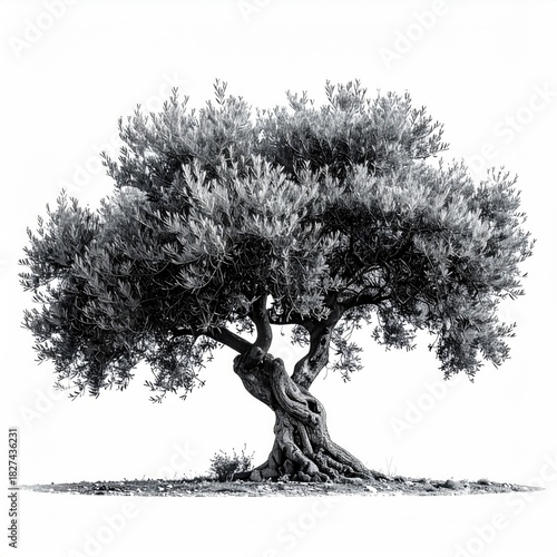 Mature olive tree, monochrome, isolated