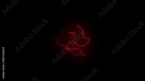 Red neon pirate hat icon with eye patch and crossbones on black background symbol